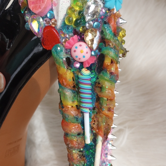Sale! Custom Made Zombie Peepshow Candy Embellished Black Strappy Platform Heels - Picture 9 of 16